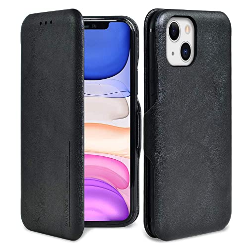 Image of PULOKA for iPhone 14 - Sleek Flip Case - Premium Vegan Leather Phone Cover with Card Slot - Slim, Durable, Privacy Protection - Kickstand Function - Elegant Flip Wallet Cases for Apple - Black