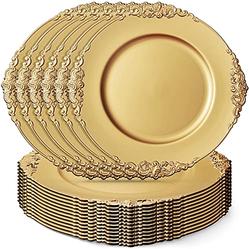 Zopeal 18 Pack Antique Charger Plates Bulk 13 Inch Round Plastic Chargers For Dinner Plates Vintage Embossed Pattern Decorative Plate Chargers For Wedding Party Banquets Events Tableware Decor (Gold) #TOP26