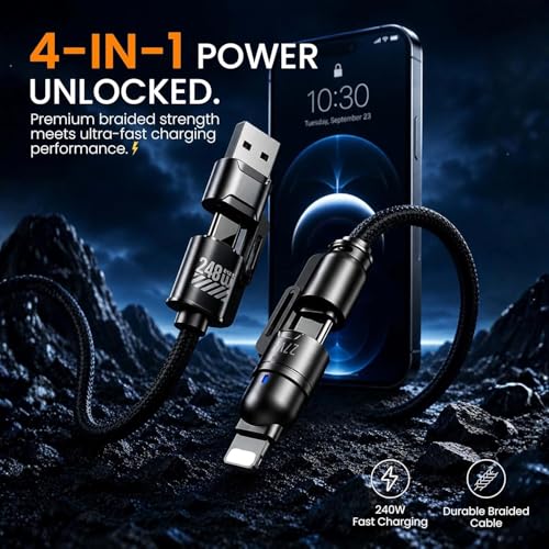 Image of 4 in 1 Multi Charging Cable, Nylon Braided 240W with USB Type C, Lighting Pin, Compatible with Oppo, Vivo, Xiaomi, Samsung, iPhone, iPad Pro & Car Charging, 1 M, by Marchpower.