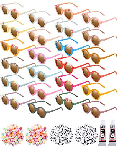 Kanayu 24 Pairs Kids Flower Sunglasses Set, Include 24 Round Girls Sunglasses Bulk Boho Colorful Eyewear 200 Random Resin Letter Beads 100 Daisy Charm 2 Glue for DIY Groovy Party Favors Gifts
