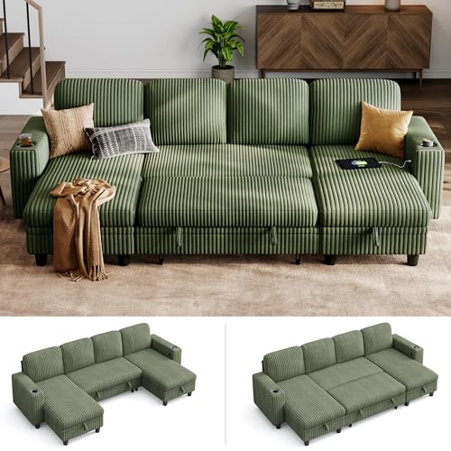 Image of LINSY HOME Sectional Sleeper Sofa Pull Out Couches for Living Room (Green, Sleeper Sofa 3) | Pull Out Sofa Bed, Storage, USB Charging, Cup Holders, Plush Corduroy