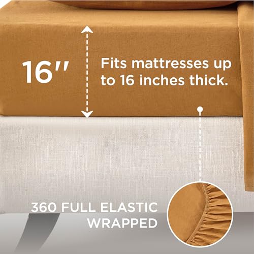 Bedsure Linen Sheets - Queen Size Bed, Blend from Linen Cotton Bedsheets, Breathable Cotton Bedsheets, Gifts for All Seasons, 4 Pieces, Pumpkin Yellow