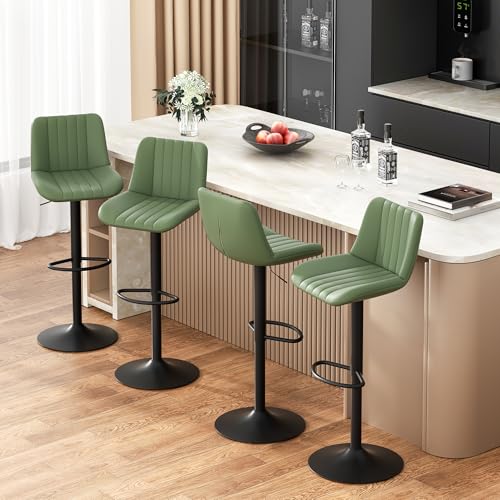 JAMFLY Modern Leather Bar Stools – Swivel & Height-Adjustable Bar Chairs with Footrest, Ergonomic Design for Kitchen Island, Home & Commercial Bar – Set of 4, Green