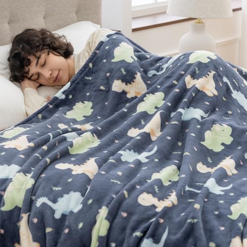 Sushing Cartoon Fleece Blanket, Cute Animal Characters Plush Home Decor, Soft Lightweight Gift for Adults Kids, Machine Washable, 108in x 90in, Eve Dino