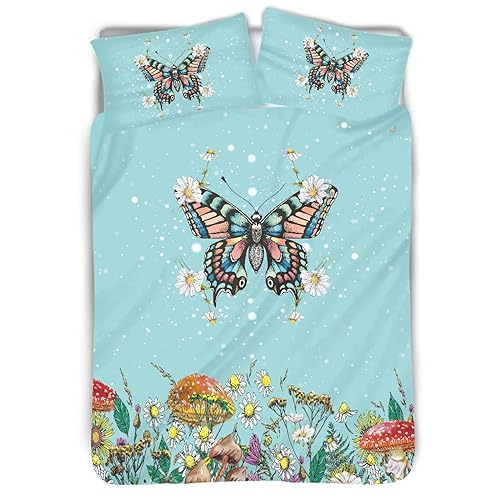 FUSURIRE Comforter Covers Set Twin Size,Butterfly Mushroom Floral Bedding Set Rustic Farmhouse Comforter Protectors for Kids Girls Teens Women, Washble Quilt Duvet Cover Sets with 2 Pillow Case