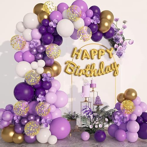 Boloshine - Kit de arco de bola (140 peças, cor roxa, branco e ouro, design de balões de ouro confette, balões de grinalda (violeta)