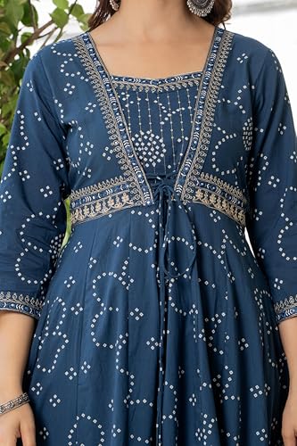 Image of Rangnavi Women's Cotton Trending Anarkali Embroidered Kurta with Pants and Dupatta Set | Ethnic Set (Blue)