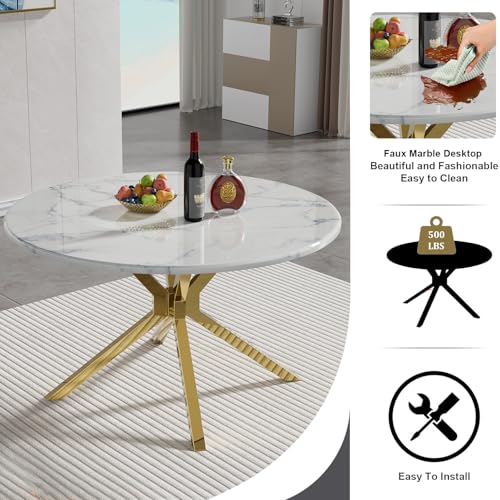 Image of 5-Piece Round Dining Table Set for 4, Luxury Faux Marble Kitchen Table Set for 4 with Beige Velvet Chairs, 45 inch Circle Dining Room Tables with White Marble Top and Gold Stainless Steel Cross Legs