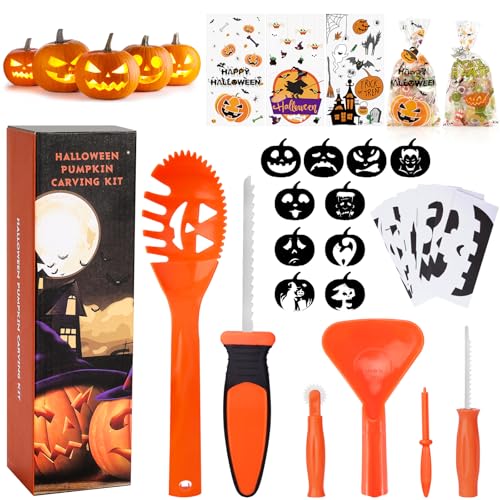 SKINOSM Pumpkin Carving Kit for Kids, 6 Easy Halloween Pumpkin Carving Tools Set, Stainless Steel Pumpkin Carving Tools,10 Carving Stencils & 20 Halloween Cellophane Candy Bags