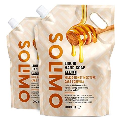 Amazon Brand - Solimo Liquid Hand Soap- Refill - Milk & Honey With Natural Honey & Milk Proteins -Pack of 2 (2 bags x 1000ml) Cover