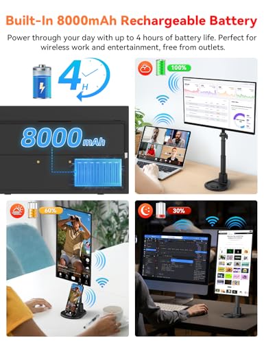 Image of Wireless Portable Monitor Battery-Powered, Support AirPlay Miracast, 15.6 inch 1080P Monitor USB-C HDMI External Display w /Stand Bag, 2nd Screen for Laptop MacBook PC Phone Tablet, Built-in Battery(4- 5H)