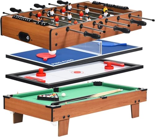 GOPLUS Mesa de Juegos Multiusos 4 en 1, Conjunto de Mesa de Juegos con Accesorios, Tableros Apilables para Billar, Hockey de Aire, Futbolín, Tenis de Mesa, para Sala de Juegos en Casa