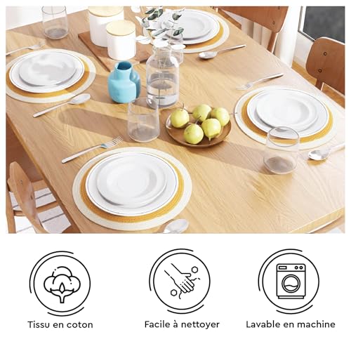 Image of Dining Table Mats Set of 4 | Cotton Table Mat 32 cm Diameter, Encasa XO Washable Round Table Mats, Heat Resistance Dining Table Placemats, Handmade Ribbed Style for Centre Table, Yellow & Off White