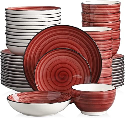 vancasso Bonbon Green Dinner Set- 24 Pieces Stoneware Dinnerware Set, Handpainted Spirals Pattern Ceramic Combination Set with Dinner Plate/Dessert Plate/Pasta Bowl/Deep Bowl, Service for 6