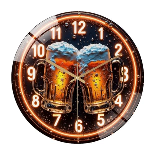 12-Inch Silent Glass Wall Clock, Cheers Neon Clock Beer Mug Toast ” Silent Non-Ticking Clock, Battery Operated (AA Batteries Not Included), Artistic Home Decor