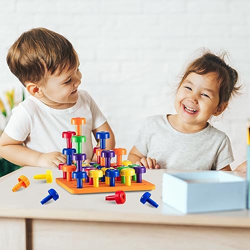 Image of Shappy Toddler Peg Boards Montessori Sorting Stacking Toys for Kids 120 Pcs Pegs with 4 Foam Boards & Storage Bag Fine Motor Skills Educational Toy for Home Preschool(Orange)