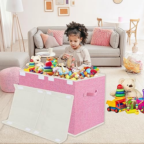 VERONLY Spielzeugkiste Aufbewahrungsbox mit Deckel Kinderzimmer- 83L Faltbar Groß Spielzeug Aufbewahrung Kinder karton mit Griffen für Mädchen Kinderzimmer Bücher Schlafzimmer(62x33x40cm, Rosa)