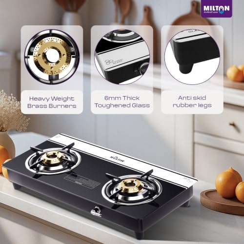 Image of Milton Ignis Pro 2 Burners Auto Ignition Gas Stove | ISI Certified | 6mm Toughened Glass Top | 360 Degree Nozzle | Heavy Duty Pan Support | Brass Burners | 1Y Manufacturer's Warranty -Black & White