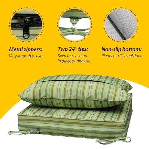 Image of AAAAAcessories Outdoor Seat Cushions for Chairs, Fade-Resistant, Waterproof Patio Furniture Replacement Cushions, 25.5 inch x 25.5 inch x 5 inch + 25.5 inch x 19 inch, Set of 4, Mossy Forest Stripe