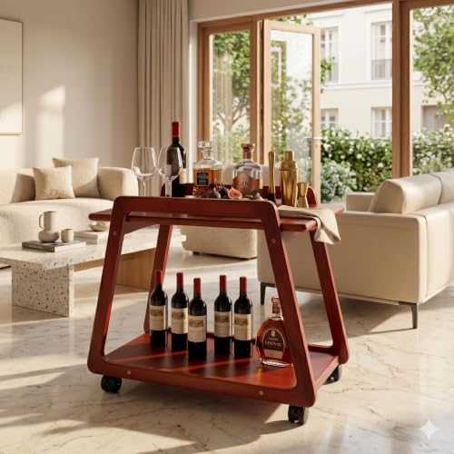 Image of Premium Solid Wood Multipurpose Kitchen Trolley & Serving Cart with Wheels | Portable Side Table for Living Room & Office | Stylish Wooden Furniture with Smooth Rolling Casters-Walnut