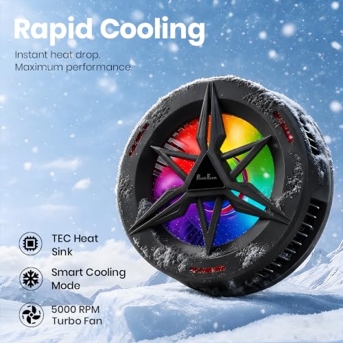 Image of PunnkFunnk Phone Cooler for Gaming, 5000 RPM 7-Blade Fan, RGB Light, Semiconductor Cooling Chip, Type-C Powered, LED Display, Clamp Mount Mobile Cooling Fan for Android & iOS (Black Max)