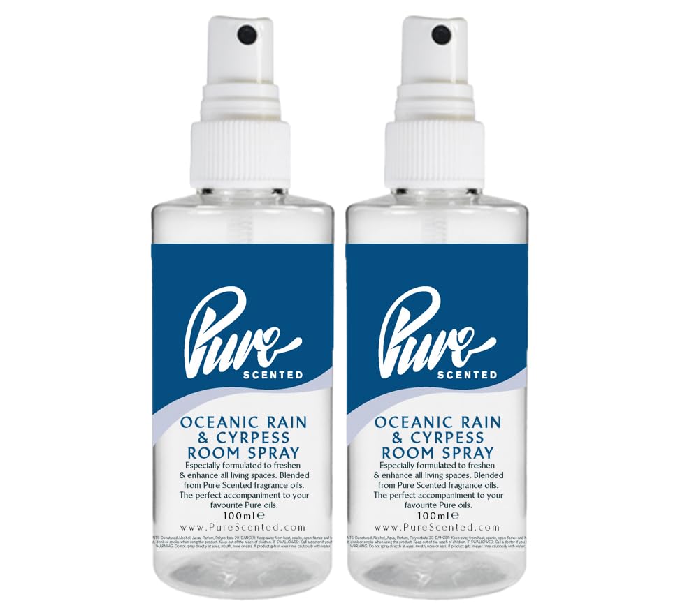"Pure Scented 200ml Room & Fabric Sprays 2 x 100ml Suitable For Home, Car, Caravan, Work, Gym Bags, Odour Eliminators (2 x 100ml, Oceanic Rain & Cypress)"