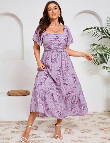ShopWonder Women Plus Size Dress Short Sleeve Square Neck Floral Maxi Pleated Ruffle A Line Long Dress2