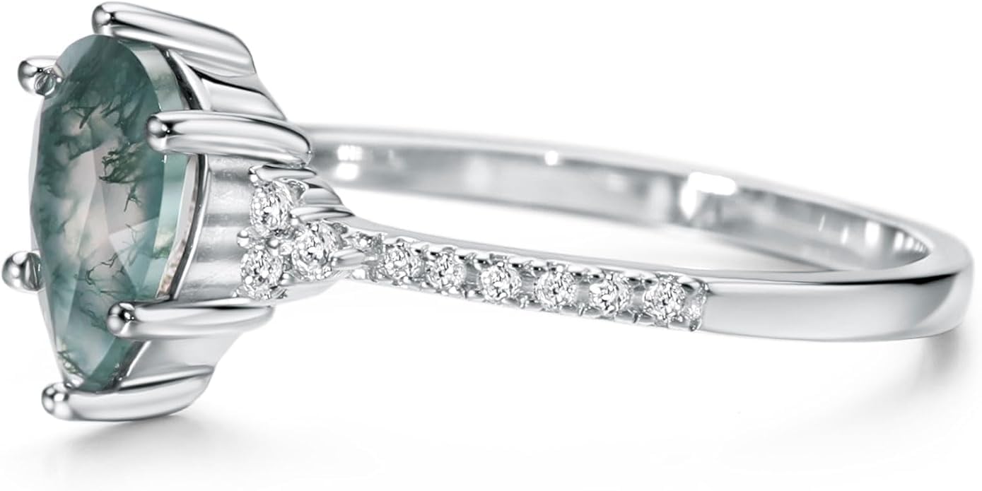 michooyel S925 Anillo de ágata de musgo natural de 1,5 quilates con ágata acuática de plata de ley, anillo de compromiso para mujer, anillo de boda único con piedra verde, regalo de joyería para mujer
