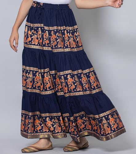 Image of Women's Cotton Printed Long Skirt | Ethnic Folk Print Tiered Maxi Skirt for Women | Elastic Waist Flared Boho Skirt | Traditional Casual for Women