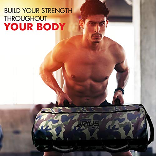 Arius Fitness Heavy Duty Workout Sandbag for Fitness with 3 Adjustable Filler Bags (10 to 60 lbs) and 6 Ultra Durable Handles, Tactical Training Weight Bags for Exercises and Military Conditioning