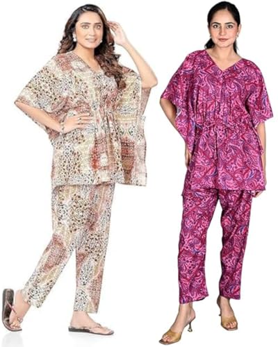 Image of Vlazom Women's 100% Cotton Printed Kaftan & Pyjama Set - Combo Pack of 2 | Free Size Nightwear with Pocket | Soft Cotton Loungewear Co-ord for Women
