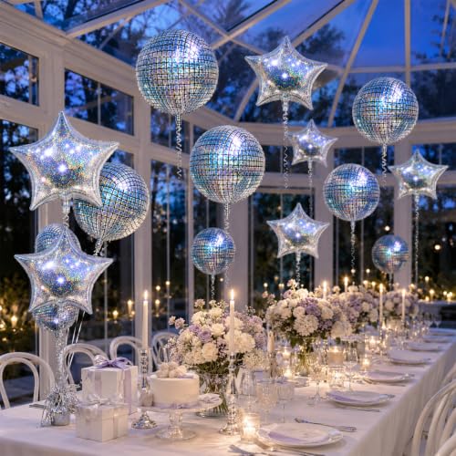 Image of 9 Pcs Disco Ball Balloons and Star Balloons 22 /18 4D Ball Balloons Laser Metallic Silver Disco Star Mylar Balloon for Birthday Bachelorette 70s 80s 90s Themed Grad Retro Prom Party Decor
