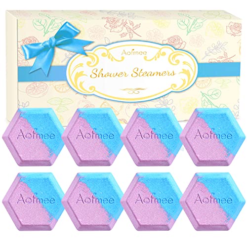 Shower Steamers, Aofmee Shower Bombs 8 PCS Shower Steamer Aromatherapy, Shower Tablets with Essential Oil, Shower Fizzies Bath Bombs, Valentines Birthday Mothers Day Christmas Gifts for Women (Blue)