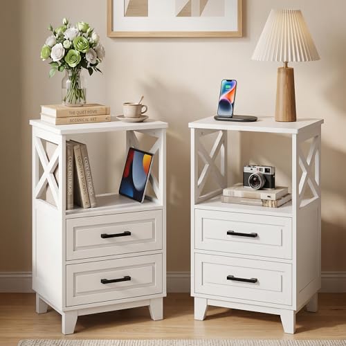 Image of RoyalCraft 30 inch Tall Nightstand, Modern Painted Bedside Table with 2 Drawers and Open Shelf, Wood Side Table for Bedroom, Home Office, White-Open Shelf Above, Set of 2