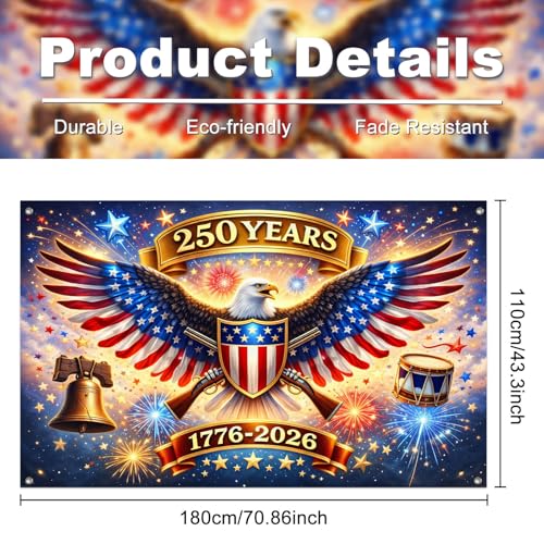 Image of IVN 250th Anniversary Banner 71 x 43 Inch 1776-2026 Patriotic Bald Eagle Stars Stripes Fireworks Photo Booth Backdrop Independence Day Party Decorations Memorial Day Veterans Day Wall Decor
