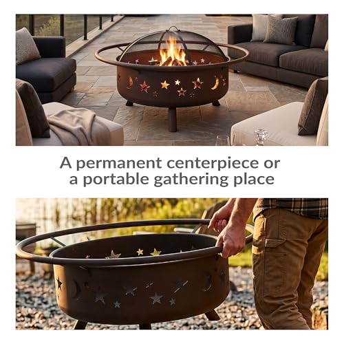 Image of Sunnydaze Cosmic 42-Inch Large Outdoor Fire Pit - Wood-Burning Firepit for Outside Patio, Backyard, Deck - Steel - Wood Grate, Spark Screen, and Fireplace Poker Included - Bronze - 31 inch Bowl Diameter