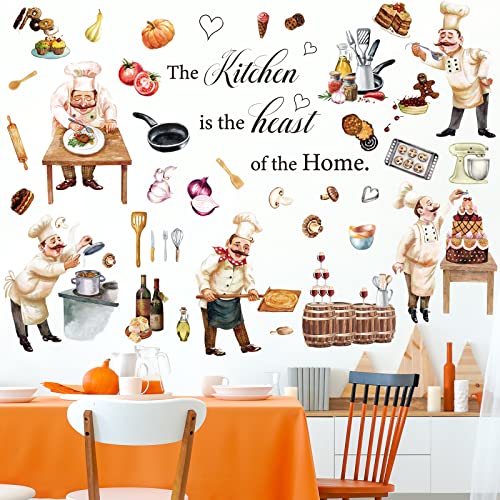 Chefs Peel And Stick Wall Decals Italian Fat Chefs Wall Stickers Cooking Wall Sticker Wine Cake For Kitchen Restaurant Dining Room Home Wall Decoration, 6 Sheets #TOP4