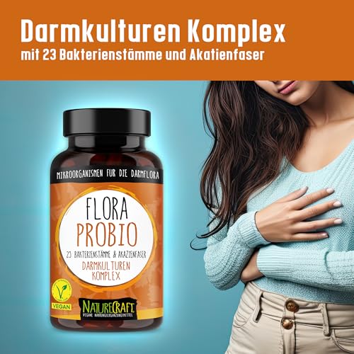 FloraProbio - Kulturen Komplex mit 23 Bakterienstämmen (10 Mrd. KBE) & Akazienfasern ohne Inulin, vegan - 60 magensaftresistente Kapseln (= max. 2 Monats-Vorrat)