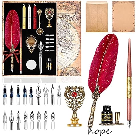 AIYNC Quill Pen and Ink Set,Feather Pen Ink Set Includes Quill Pen and wooden dip pen,Ink,17 Replacement Nib,Pen Base,3 Wax Seal Sticks,Stamp,White Wax, Spoon,Envelope Letter Paper,envelope tool(Red) Cover
