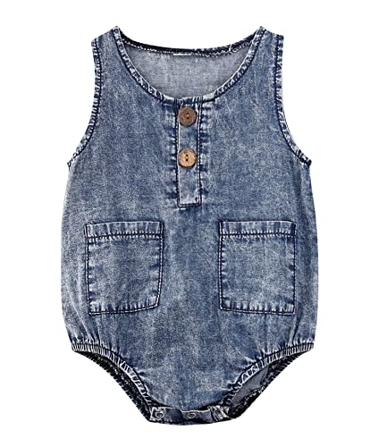 Image of Baby Boys Girls Western Denim Bodysuit Sleeveless Button Front Bodysuit Top with Pocket Summer Jeans Romper Clothes