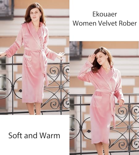 Ekouaer Women's Robe Long Velvet Bathrobe Fuzzy Soft Warm HouseCoat with Pockets Plush Shawl Collar Full Length Sleepwear2