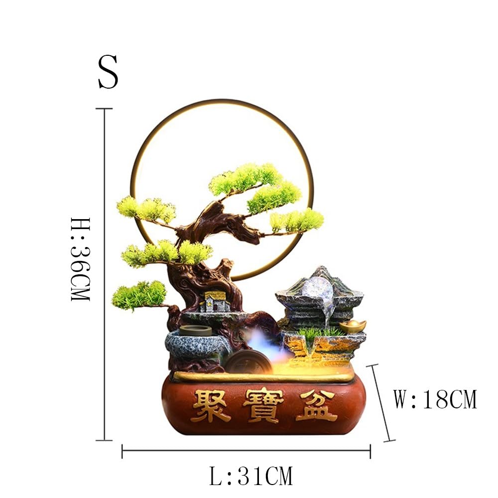 Fuente Decorativa para jardín Fuente de rocalla Decorativa Escritorio con Cuenco del Tesoro y Rueda la Fortuna Feng Shui Anillo luz atomizada(Pequeño)