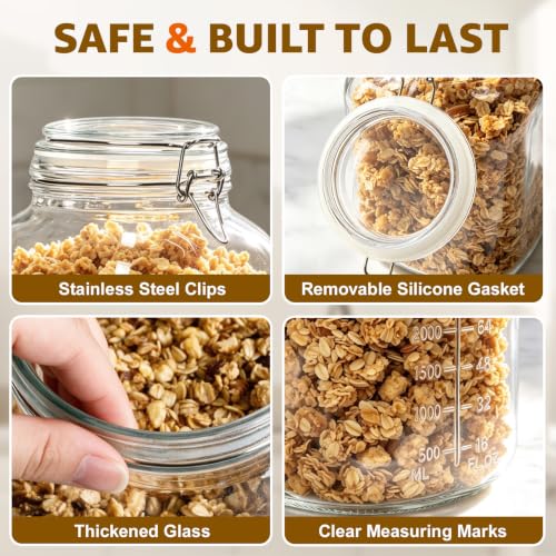 Image of Large Square Glass Jars with Airtight Lids 1.1 Gallon Wide Mouth | 2 Pack Square Canisters with Measurement Marks for Bulk Flour Storage, Flour, Sugar, Fermenting Kombucha & Pickling 128 oz