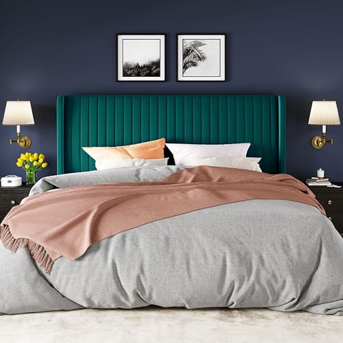 Image of Allewie King Size Bed Frame /Velvet Upholstered Platform Bed /Vertical Channel Tufted Wingback Headboard /Strong Wooden Slats /No Box Spring Needed /Easy Assembly /Teal