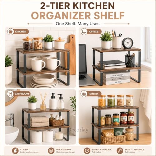 Image of Decorlay Metal & Wooden Cabinet Shelf Organizer Spice Rack Kitchen Counter Shelf, Pantry Organizer Storage Shelves, Stackable | Black-Brown