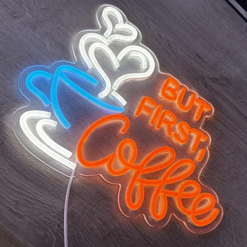 Image of But First Coffee Neon Sign Large 5V USB Powered Acrylic Neon Lights with Dimmable Switch and Hanging Chain for Coffee Cafe Bar Party Living Room Sign Gifts 14 * 11.3inch(Orange)