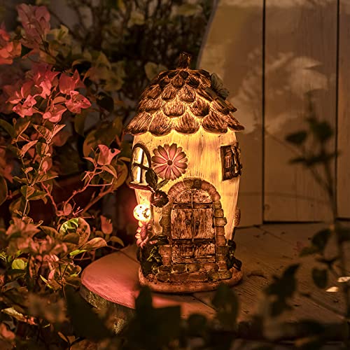 Aiiny Large Garden Fairy Statues With Solar Light 12 In, Pinecone Roof Fairy Houses Indoor Outdoor Statues Sculpture Figurine Light With Sunflower Ladybug Butterfly Lawn Ornament Gift #TOP1