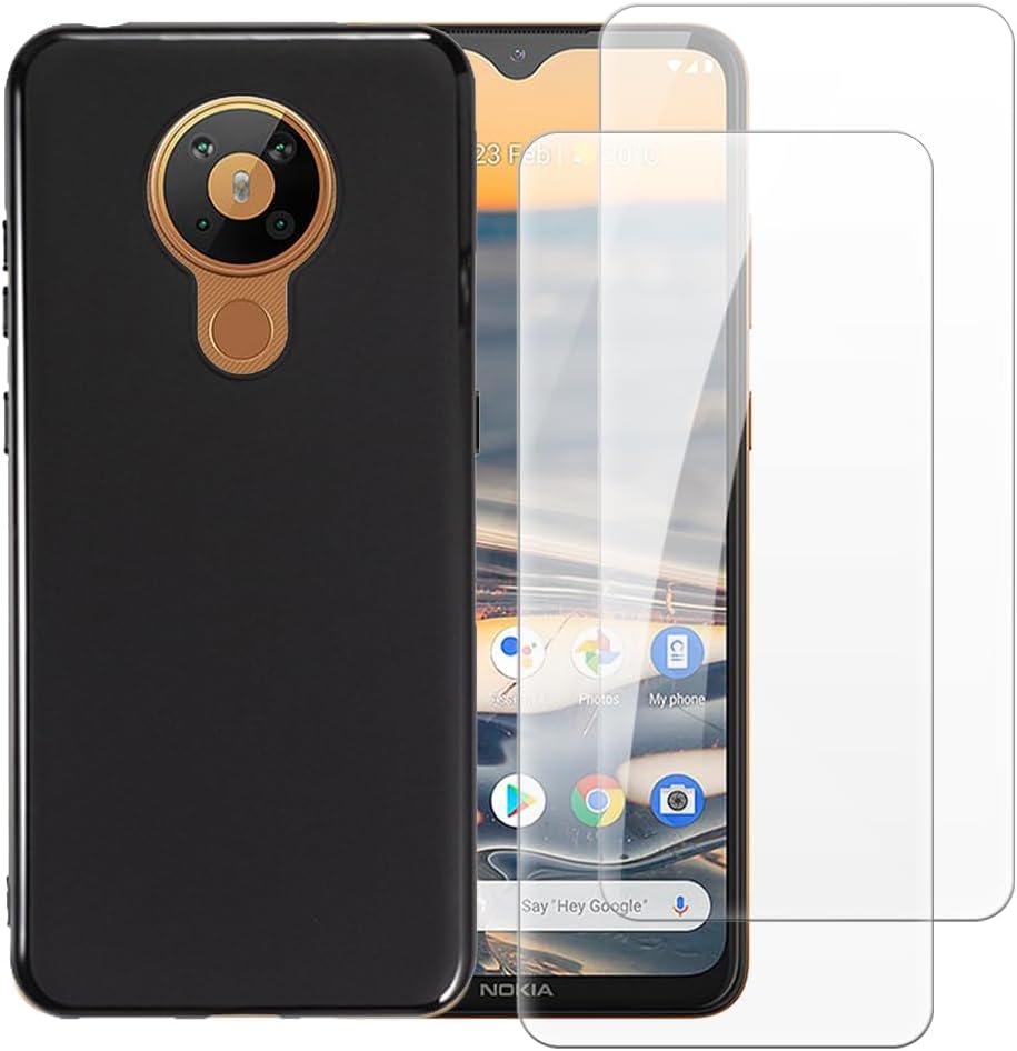 Case with 2 Pack Screen Protector Combo Compatible with Nokia 5.3, Shockproof Cover and Tempered Glass Set for Full Body Safety(Black)