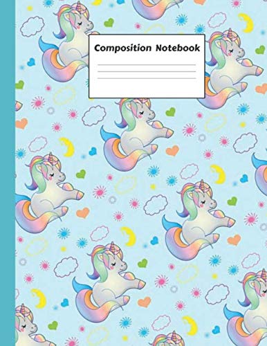Composition Notebook: Pretty Unicorn Blue Wide Ruled Primary Copy Book, SOFT Cover Girls Kids Elementary School Supplies Student Teacher Daily Creative Writing Journal, (100 pages, 8.5 x 11)