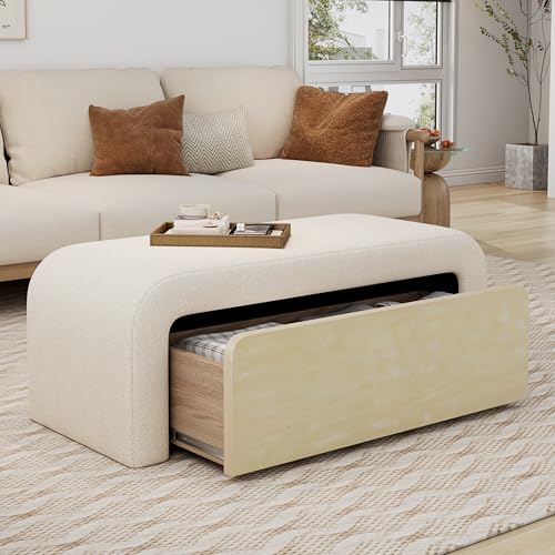 Merax Ottoman with Storage, Boucle Upholstered Foot Rest Ottoman Bench with Solid Wood Drawer,...